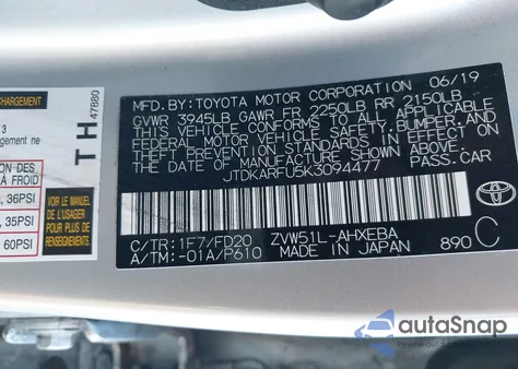 2019 Toyota Prius Le z USA, uszkodzony, nr VIN JTDKARFU5K3094477